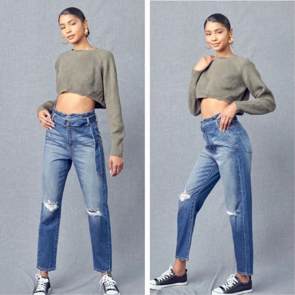 KanCan Blossom Ultra High Rise Belted Mom Dark Wash Jeans